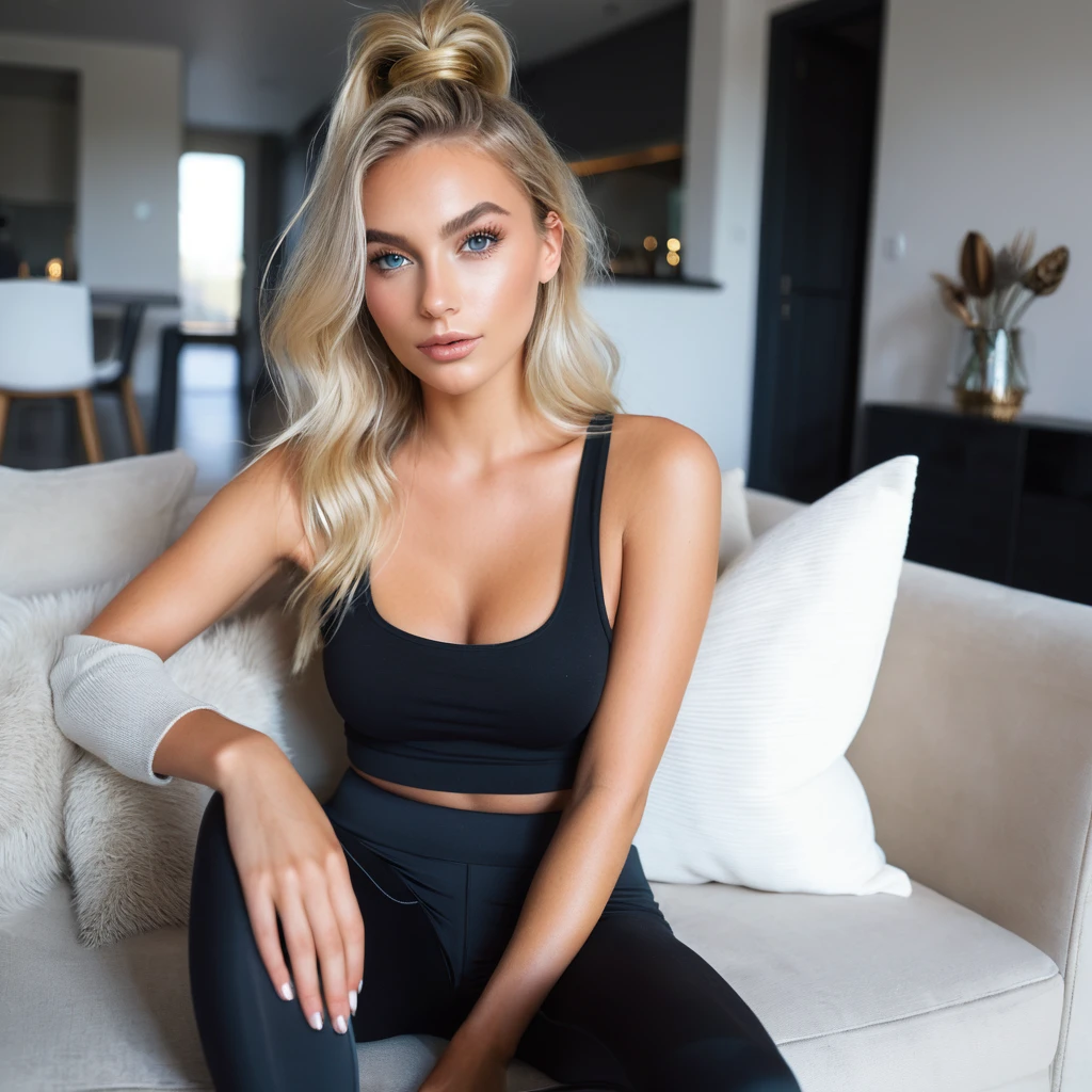(meilleure qualité,4K,haute résolution, haute résolution face details), belle femme cheveux blonds longs et raides, 18 ans, modèle instagram, faux sein 36DD, faux cils, fausses lèvres, maquillage sombre, peau parfaiteet réel, bronzage de la peau, elle est mince, Elle est caucasienne, elle porte un legging et un sweat, elle porte une fine chaîne en or, elle est assis sur un sofa, énorme faux sein 36DD, posant, Sexy, vibrations sensuelles