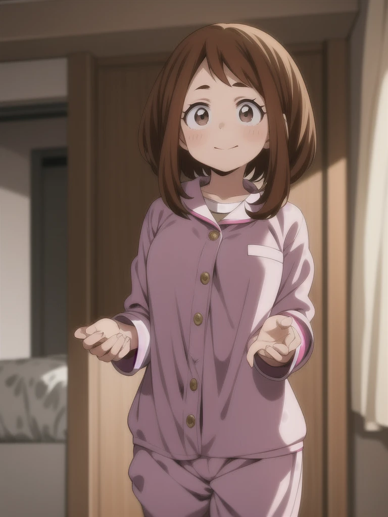 Ochaco Uraraka, wearing pajamas, nice environment, super detailed, high quality