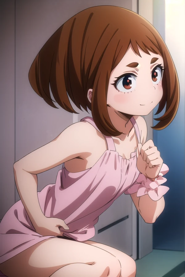 ochakouraraka, ochako uraraka, (uraraka ochako:1.5), (brown eyes:1.5), brown hair, short hair, blush, blush stickers, smile,
BREAK bare shoulders,pink dress,pink pajamas,bare shoulders,medium breasts,bare legs,cleavage,frilled dress,collarbone,bare foot,panorama,BREAK looking at viewer,BREAK (masterpiece:1.2), nsfw, best quality, high resolution, unity 8k wallpaper, (illustration:0.8), (beautiful detailed eyes:1.6), extremely detailed face, perfect lighting, extremely detailed CG, (perfect hands, perfect anatomy),laying down,