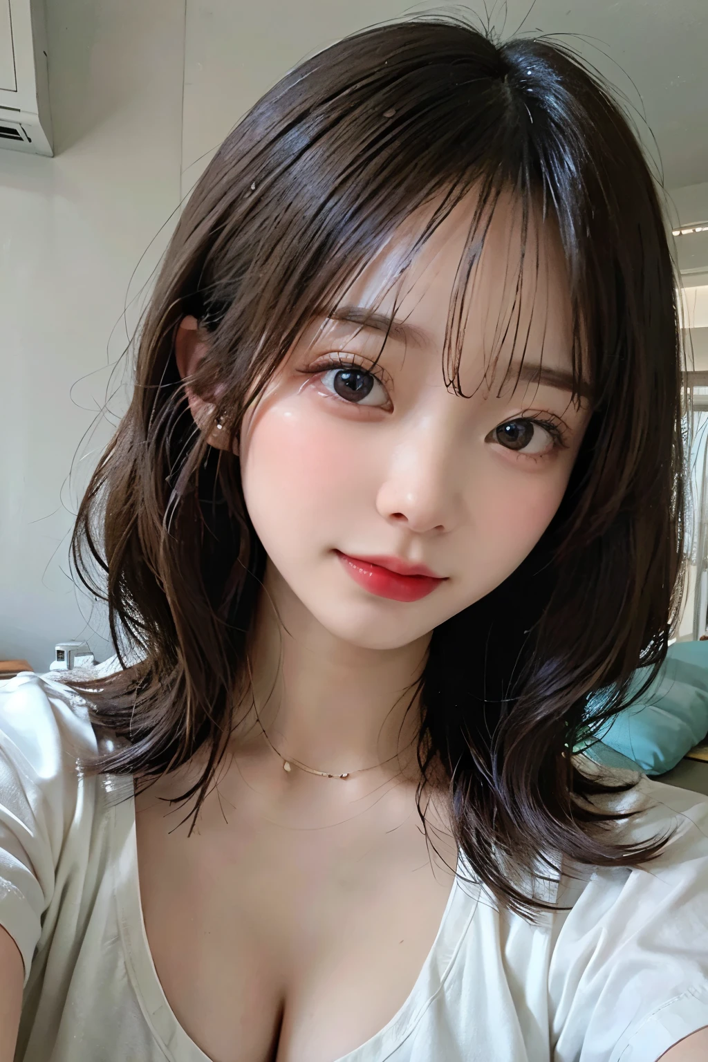 ((best quality)), ((masterpiece)), (detailed), perfect face. Asian girl. Selfie. Blank T-shirt. Bedroom wall. Cleavage.