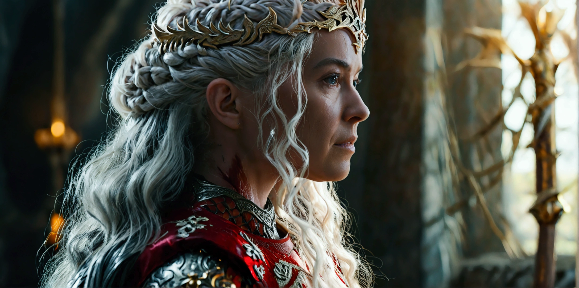 Princess Rhaenys Targaryen in her red armor played by Eve Best in side view with the golden crown of Viserys Targaryen on her head