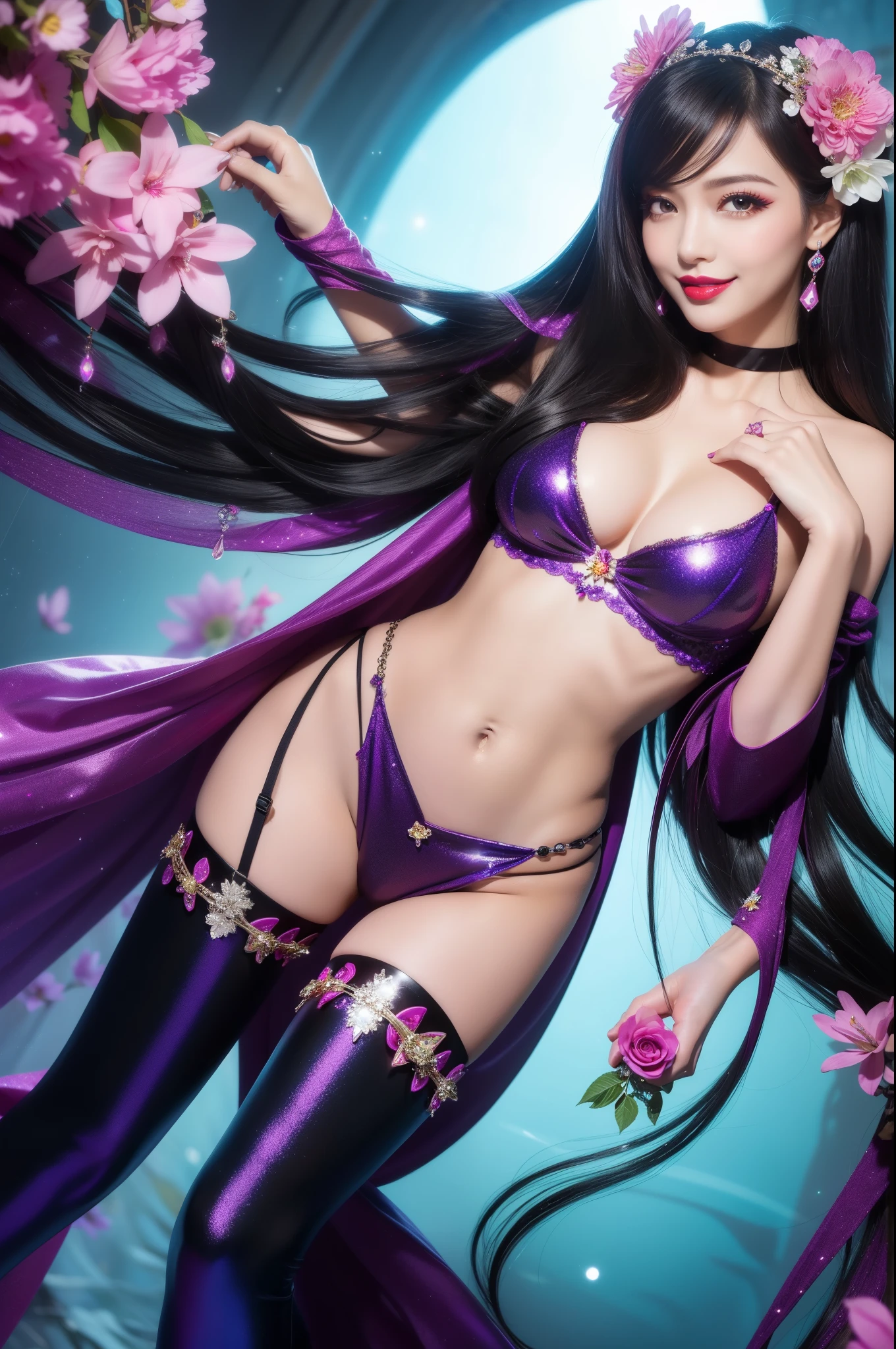y Brazilian model who controls poison、beautiful smile、lip-gloss、bold lipstick、long lasheetallic makeup、look at the camera、full body Esbian、、sparkling poisoned flower costume、、、、sparkling Colorful hair、secrete poison、skull hair accessories、sexights、shiny sparkling flowers background