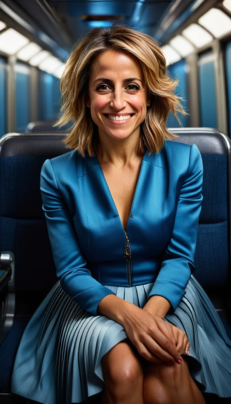 Full body shot of an Insatiable Skirt lover and kind, shy woman Emily Maitlis having Intense Orgasming love for her skirt, sitting and wearing (long pleated full circle skirt), uniform jacket and strapless low pump office shoes, (pronounced (feminine) features), (very windy), skirt is flowing wildly in the wind, inside a spaceship travelling through deep space, very, very intricate hyper-detailed symmetric (attractive graceful young feminine face) with (sad, tired eyes and a loving smile), very voluptuous breasts, full of empathy and compassion and love, (pronounced (feminine) features), (highly detailed ultra accurate realistic) hands and fingers, (windy), epic composition, highly detailed attributes, (35mm f1.4 Kodak portra 400 photograph), extremely high quality RAW photograph, highly detailed atmosphere, sci-fi, cinematic shot, dynamic lighting, 75mm, Technicolor, Panavision, cinemascope, sharp focus, fine details, 8k, HDR, realism, realistic, key visual, film still, superb cinematic color grading, depth of field