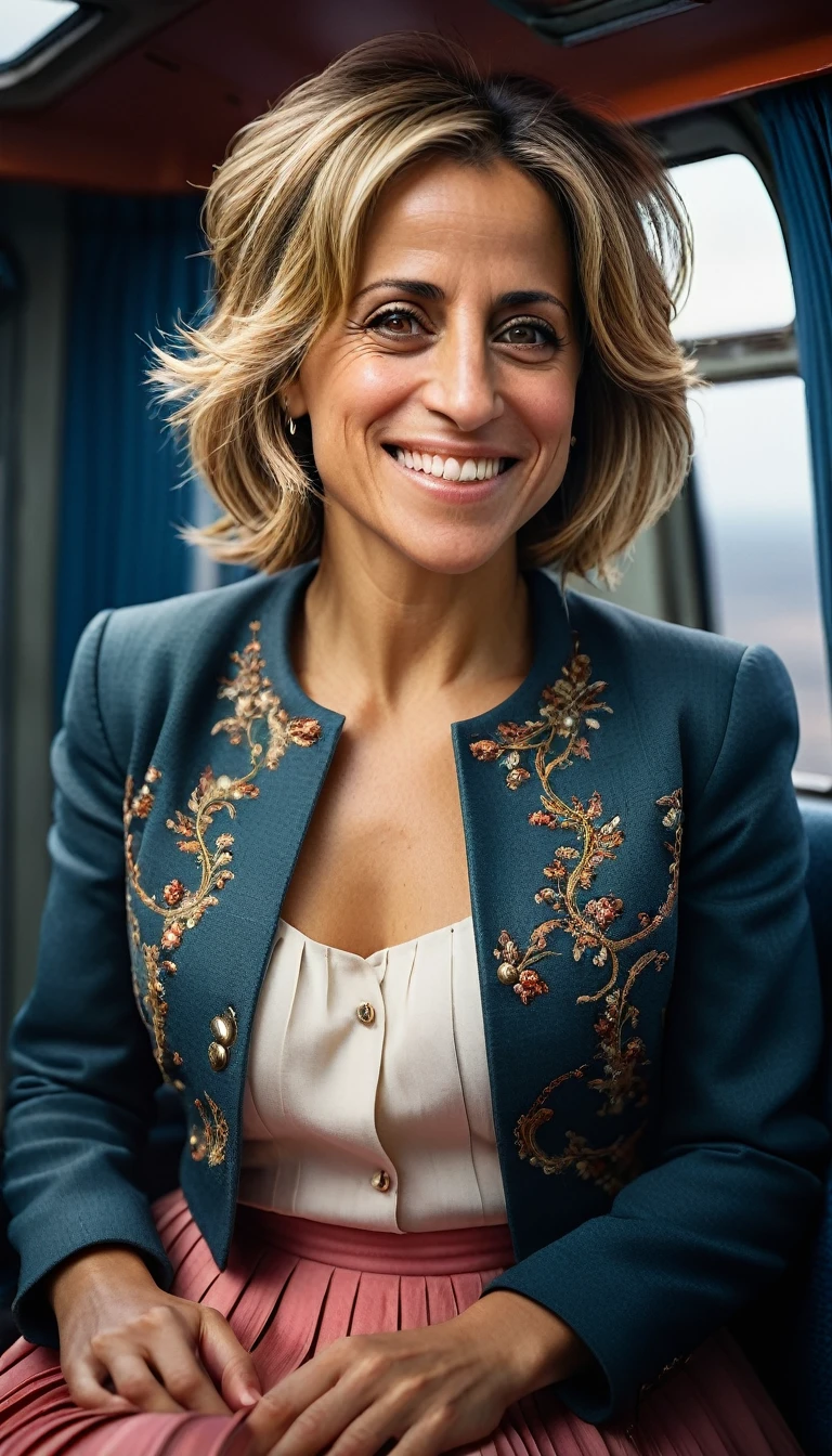 Full body shot of an Insatiable Skirt lover and kind, shy woman Emily Maitlis having Intense Orgasming love for her skirt, sitting and wearing (long pleated full circle skirt), uniform jacket and strapless low pump office shoes, (pronounced (feminine) features), (very windy), skirt is flowing wildly in the wind, inside a spaceship travelling through deep space, very, very intricate hyper-detailed symmetric (attractive graceful young feminine face) with (sad, tired eyes and a loving smile), very voluptuous breasts, full of empathy and compassion and love, (pronounced (feminine) features), (highly detailed ultra accurate realistic) hands and fingers, (windy), epic composition, highly detailed attributes, (35mm f1.4 Kodak portra 400 photograph), extremely high quality RAW photograph, highly detailed atmosphere, sci-fi, cinematic shot, dynamic lighting, 75mm, Technicolor, Panavision, cinemascope, sharp focus, fine details, 8k, HDR, realism, realistic, key visual, film still, superb cinematic color grading, depth of field