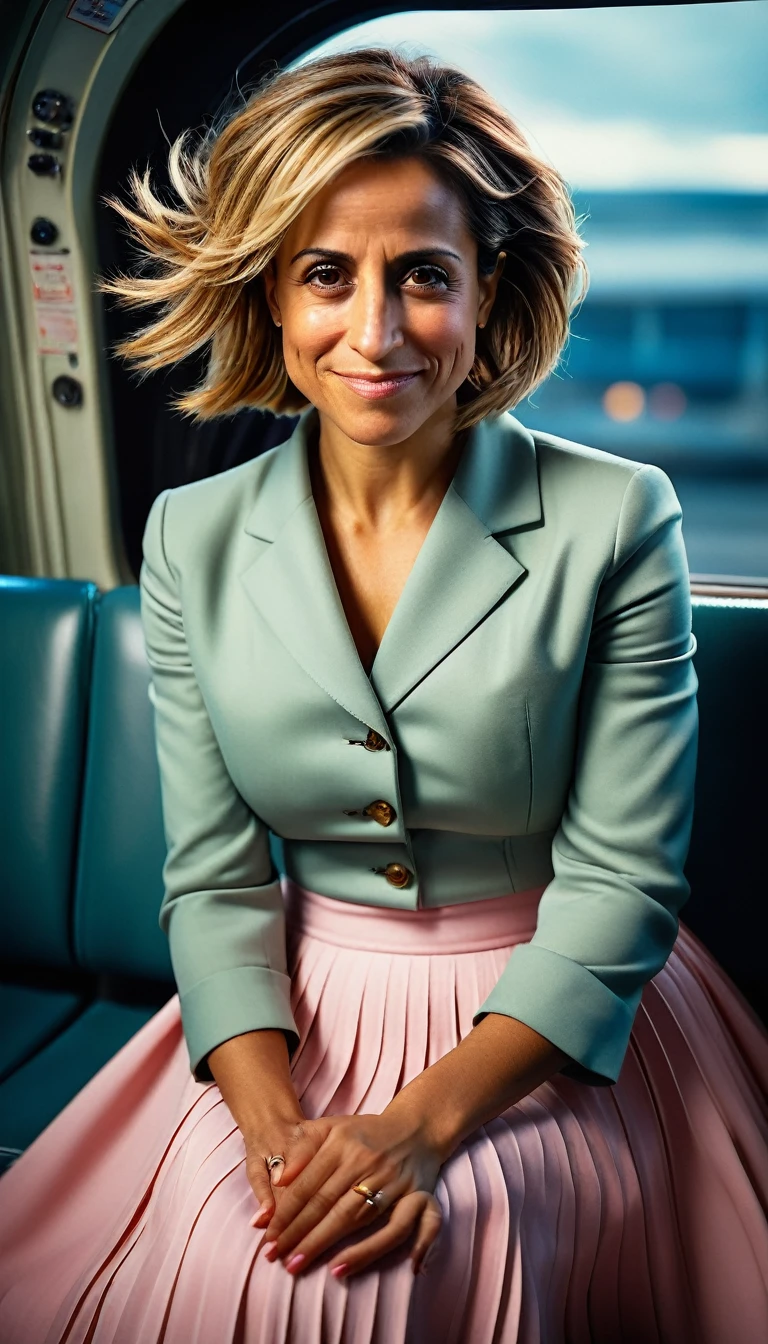 Full body shot of an Insatiable Skirt lover and kind, shy woman Emily Maitlis having Intense Orgasming love for her skirt, sitting and wearing (long pleated full circle skirt), uniform jacket and strapless low pump office shoes, (pronounced (feminine) features), (very windy), skirt is flowing wildly in the wind, inside a spaceship travelling through deep space, very, very intricate hyper-detailed symmetric (attractive graceful young feminine face) with (sad, tired eyes and a loving smile), very voluptuous breasts, full of empathy and compassion and love, (pronounced (feminine) features), (highly detailed ultra accurate realistic) hands and fingers, (windy), epic composition, highly detailed attributes, (35mm f1.4 Kodak portra 400 photograph), extremely high quality RAW photograph, highly detailed atmosphere, sci-fi, cinematic shot, dynamic lighting, 75mm, Technicolor, Panavision, cinemascope, sharp focus, fine details, 8k, HDR, realism, realistic, key visual, film still, superb cinematic color grading, depth of field