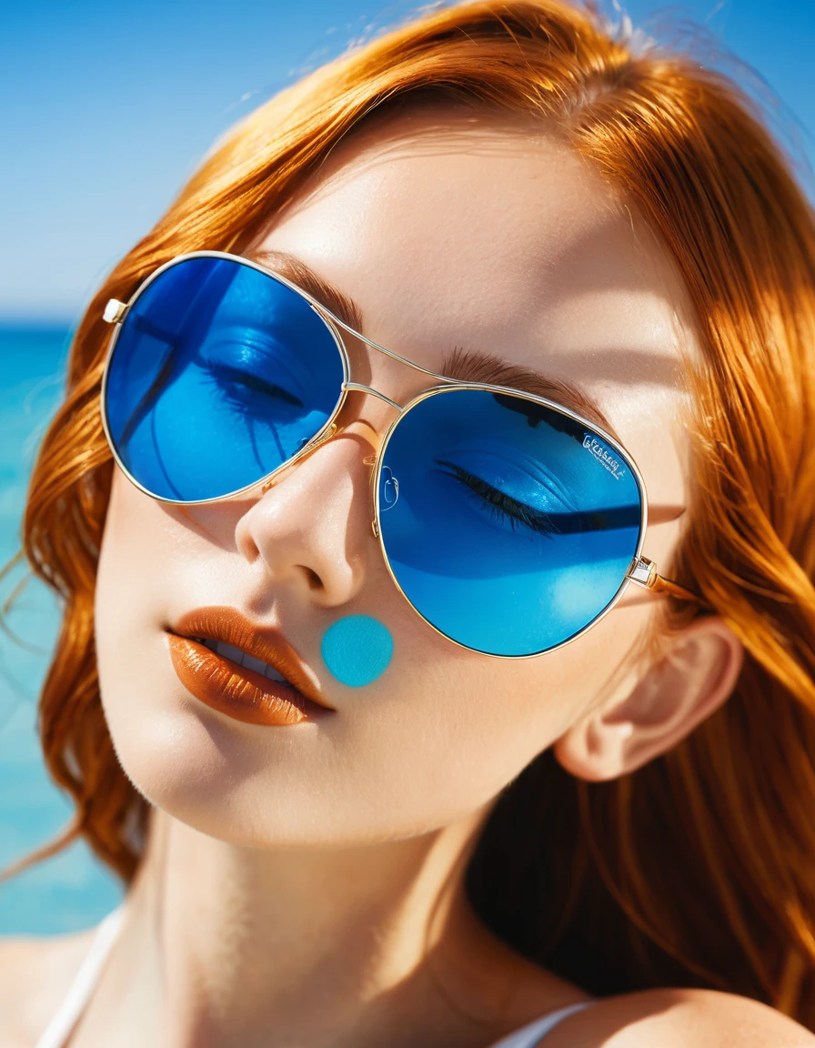 (meilleure qualité,4K,haute résolution, haute résolution face details), cheveux roux, chaine en or, lunette de soleil, sur une échelle, en maillot de bain, yeux bleu, qui souris