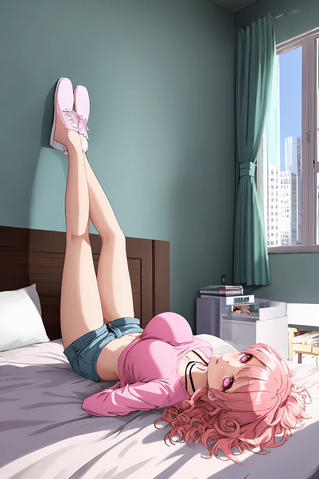 Anime Style, Sexy Woman, 20 years old, short pink curly hair, pink eyes, big breasts, pink crop top, pink short shorts, sitting on bed with her legs up, in bedroom, wall covered in posters, floor is a mess, bed is not made, window looking out into city.