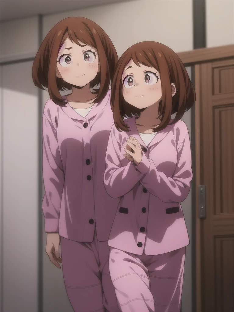 Ochaco Uraraka, wearing pajamas, nice environment, super detailed, high quality