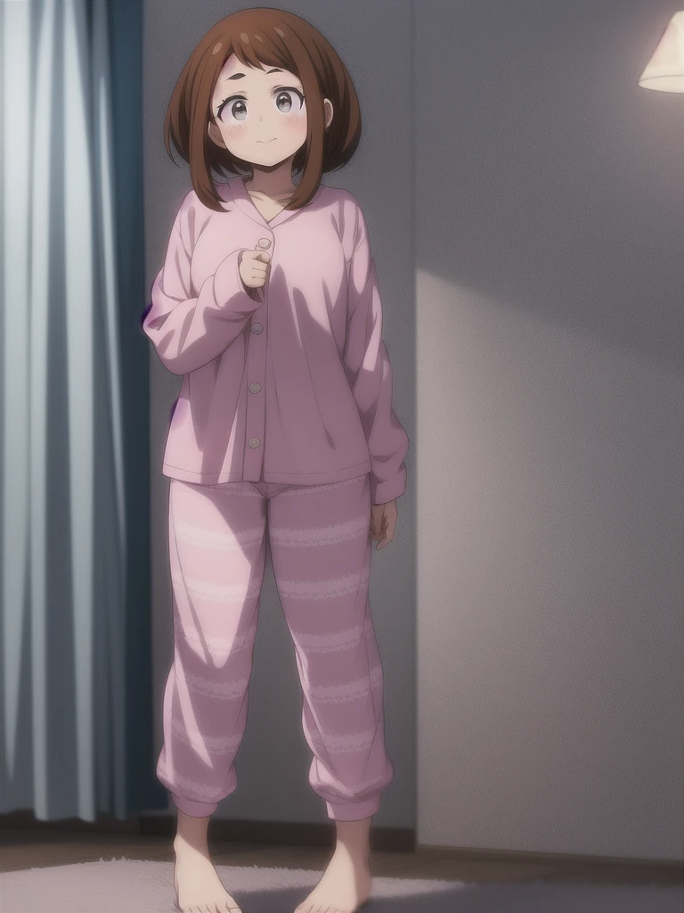 Ochaco Uraraka, wearing pajamas, nice environment, super detailed, high quality