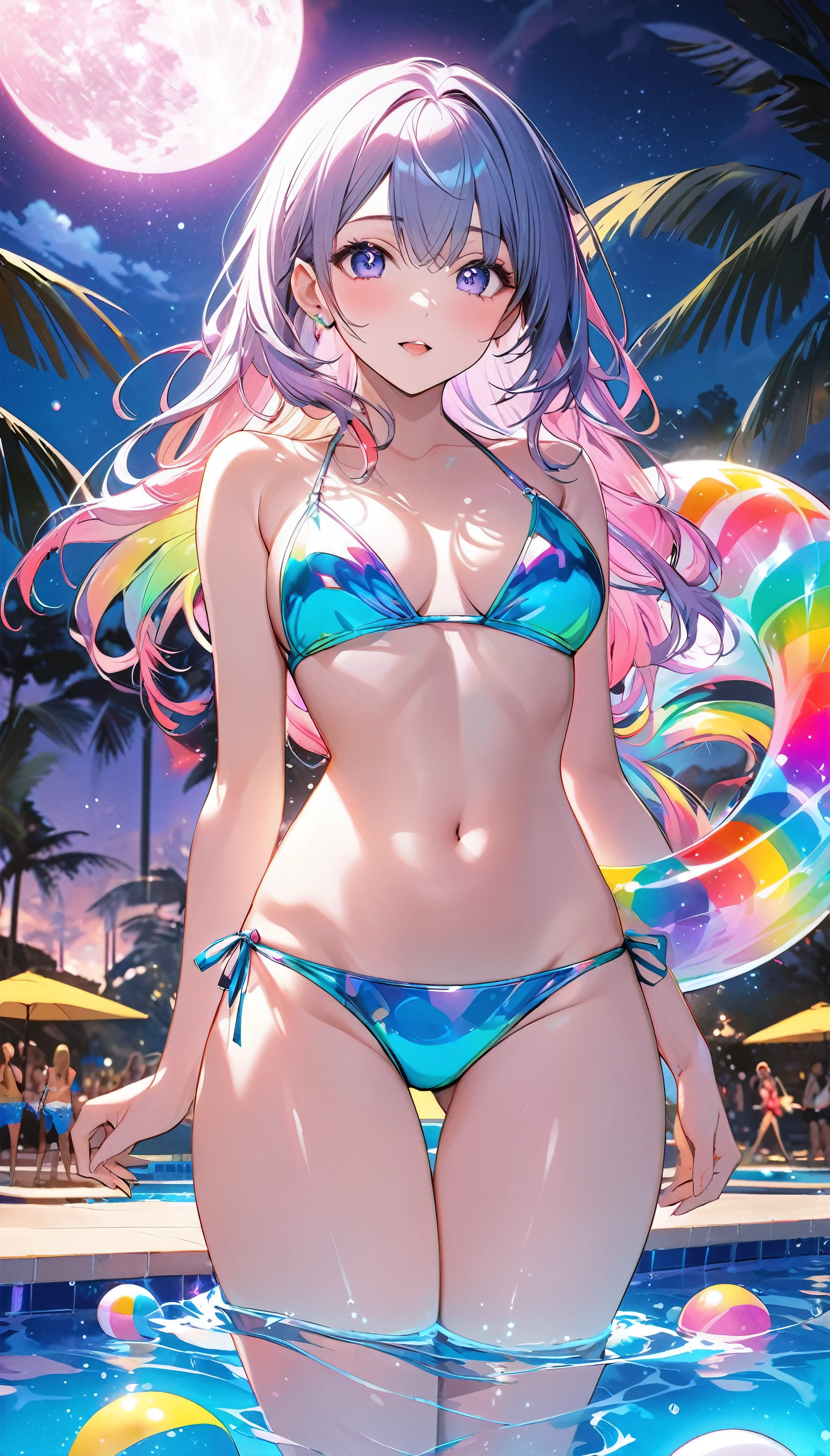 The ultimate aesthetic, Midnight Pool Party, Fantastic rainbow reflective shine, A bikini of temptation blooming in ecstasy, Immerse yourself in the afterglow of insane pleasure, vivid, colorful, vivid fantasy pop art, Transparent full color coating, Holographically sparkling aesthetic pool, A dark fantasy background that highlights the subject, A luxurious and extravagant midnight pool party with many attendees, Moonlight brings out the dramatic beauty of your subject, BREAK Pushing the boundaries of eroticism with SFW works, A new category of artwork that maximizes adult sexiness,