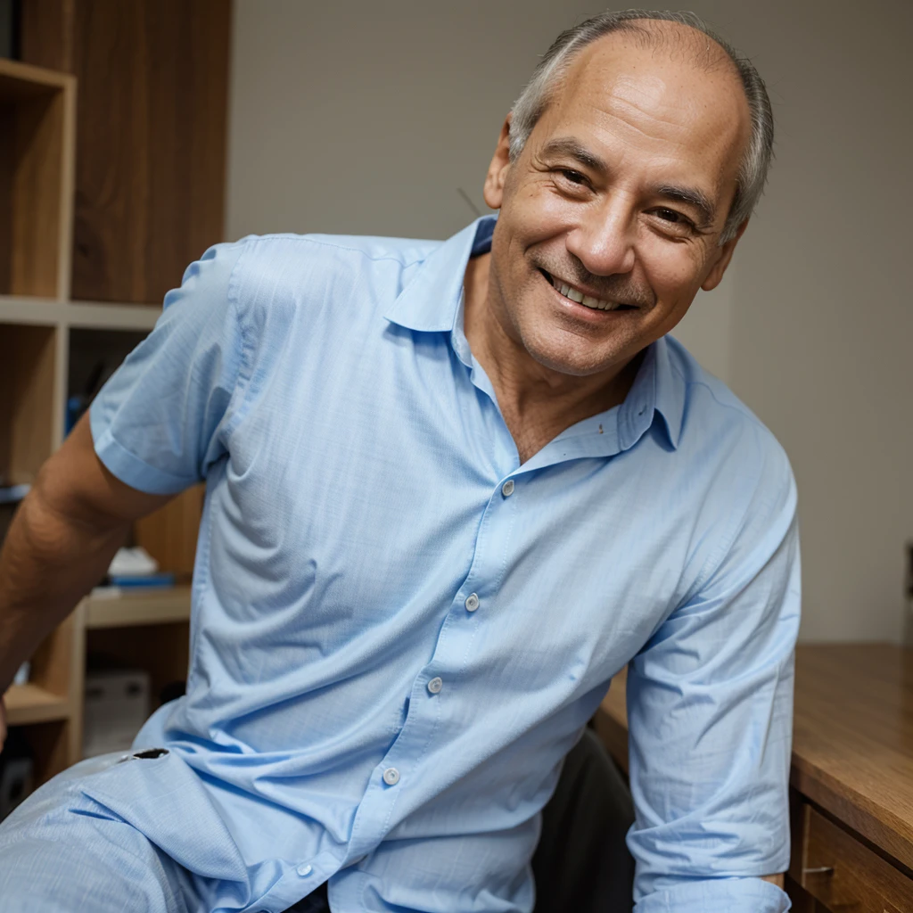 create a smiling man, approximately 50 years old, light blue dress shirt
