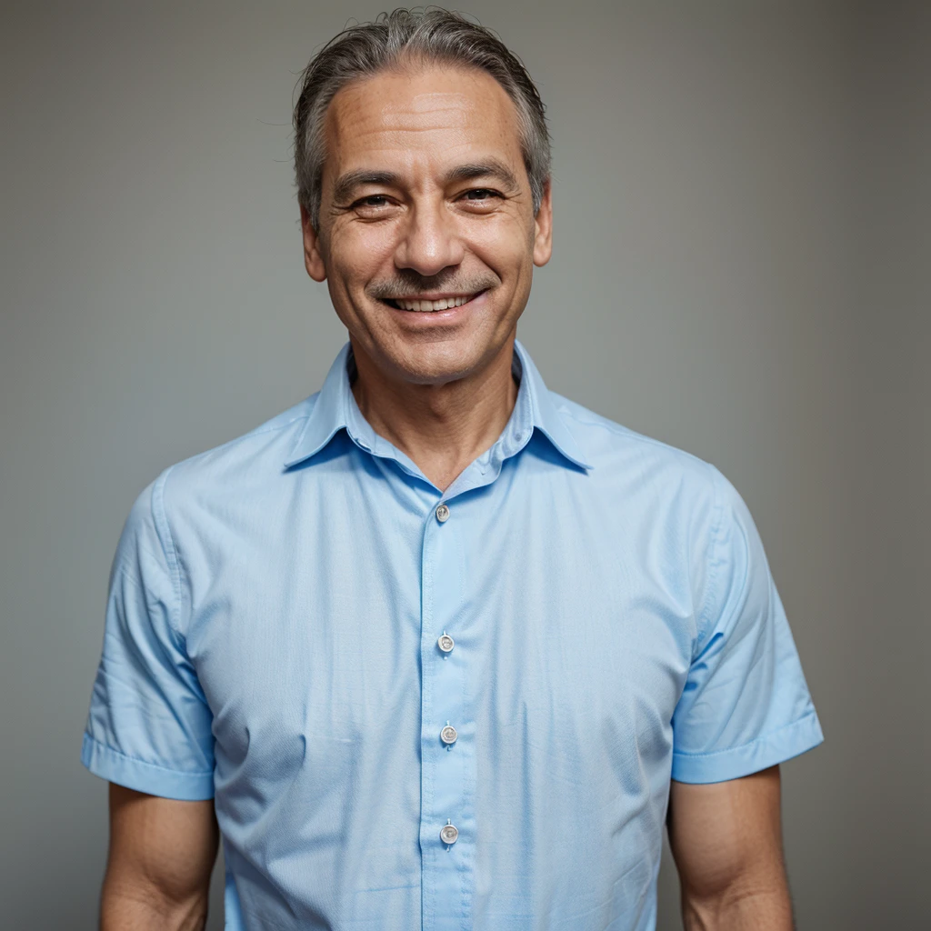 create a smiling man, approximately 50 years old, light blue dress shirt