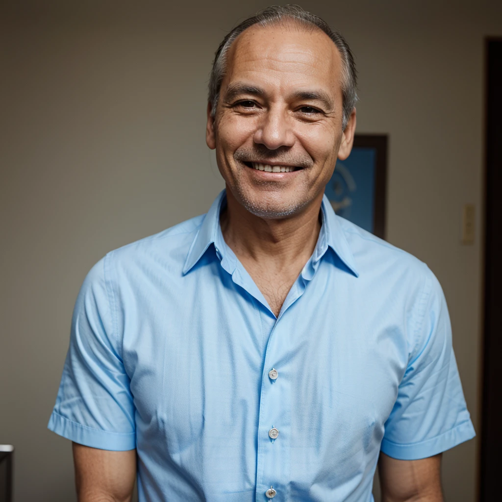 create a smiling man, approximately 50 years old, light blue dress shirt