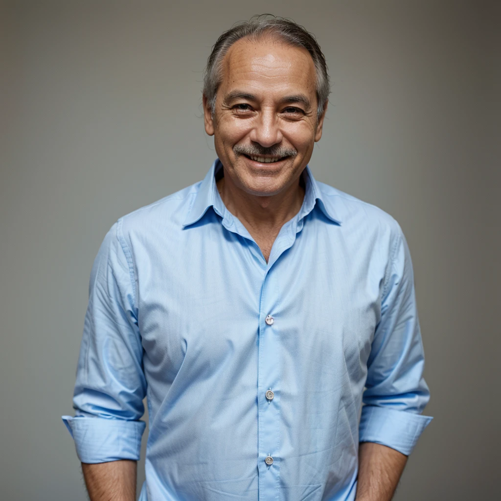 create a smiling man, approximately 50 years old, light blue dress shirt