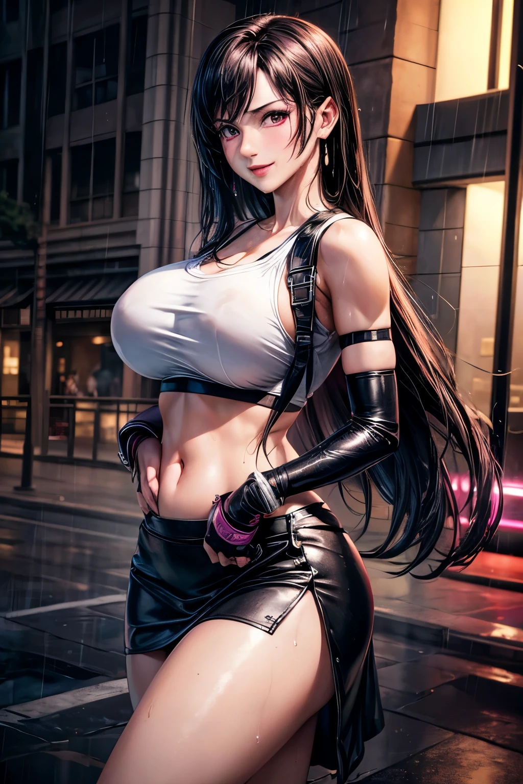(masterpiece, Highest quality:1.3), (Super detailed:1.4),(Super detailedな顔:1.2),(Super detailedな目:1.2), (hyperRealistic:1.3), (RAW Photos:1.2), High-definition RAW color photos, Professional photos, (PhotoRealistic:1.4), (Realistic:1.4),8K,Professional Lighting, Perfect Anatomy, BREAK,(Big Breasts:1.6),blush,(Bright smile:1.2),Tifa Lockhart, High detail, Sharp focus, dramatic,Tifa Lockhart,dutch angle,(breast hold:1.2),street,night,mechanical jungle,Black pencil skirt,Absolute area,Belly button,(Magenta eyes:1.2),rain,wet,Wet clothes,Wet Hair,