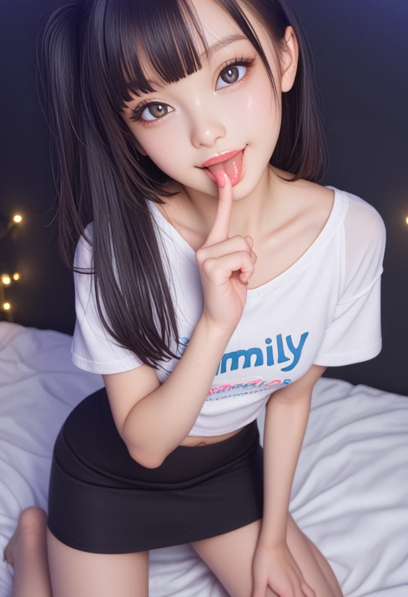 pastel colors t-shirt,off-shoulder look,bare shoulder,ollarbone,midriff peek,Tight mini skirt,open mouth,(tongue out:2),Kneeling,leaning forward,finger to mouth,(overhead shot:2),front view,face focus,(1girl,Beautiful  girl),((Slender,Small breasts,Small face,)),(looking at viewer),Black Hair,bangs,one side up,Beautiful and detailed,(Dimly lit room:1.5),White bed,Simple black background,Mischievous smile
