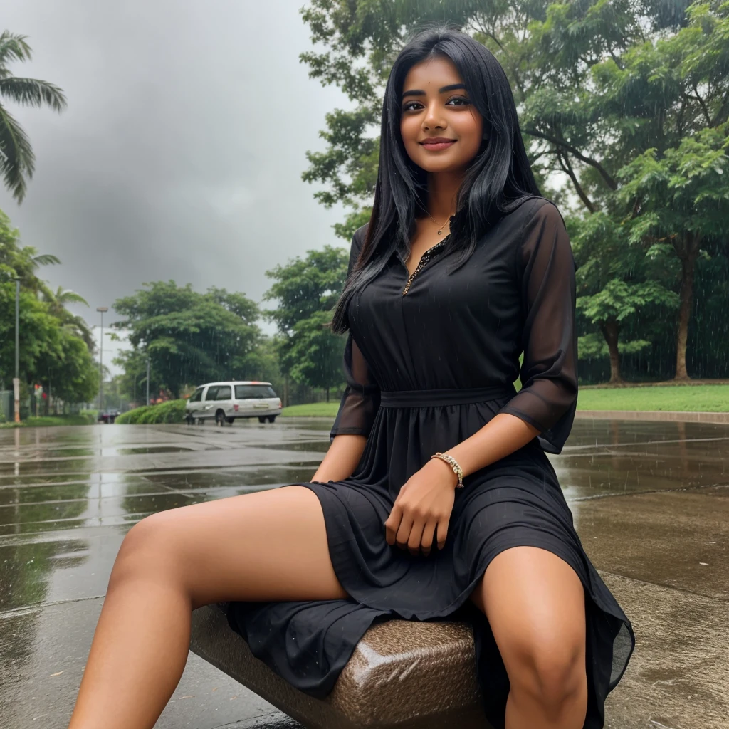 Indian attractive girl solo, happy face impressive, dress, rainy weather, background sitting, black hair, brown eyes, height 5foot 3 Inch, 