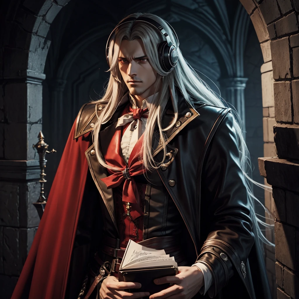 Alucard from castlevania with headphones listenting to music