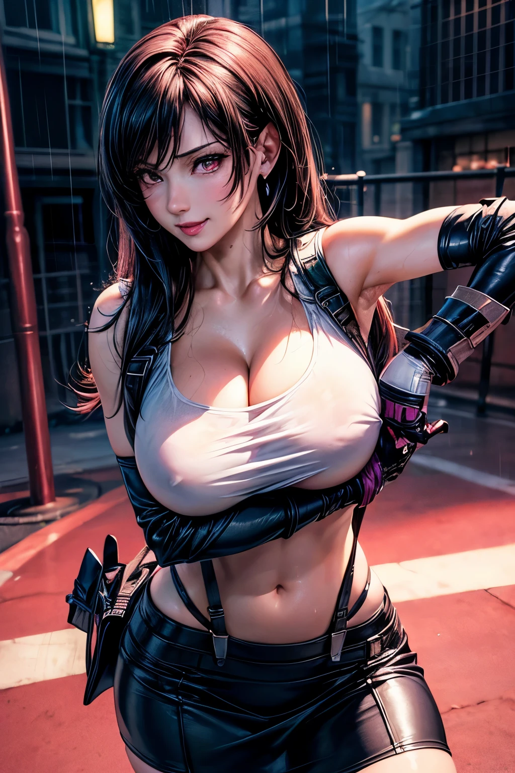 (masterpiece, Highest quality:1.3), (Super detailed:1.4),(Super detailedな顔:1.2),(Super detailedな目:1.2), (hyperRealistic:1.3), (RAW Photos:1.2), High-definition RAW color photos, Professional photos, (PhotoRealistic:1.4), (Realistic:1.4),8K,Professional Lighting, Perfect Anatomy, BREAK,(Big Breasts:1.6),blush,(Bright smile:1.2),Tifa Lockhart, High detail, Sharp focus, dramatic,Tifa Lockhart,dutch angle,(breast hold:1.2),street,night,mechanical jungle,Black pencil skirt,Absolute area,Belly button,(Magenta eyes:1.2),rain,wet,Wet clothes,Wet Hair,