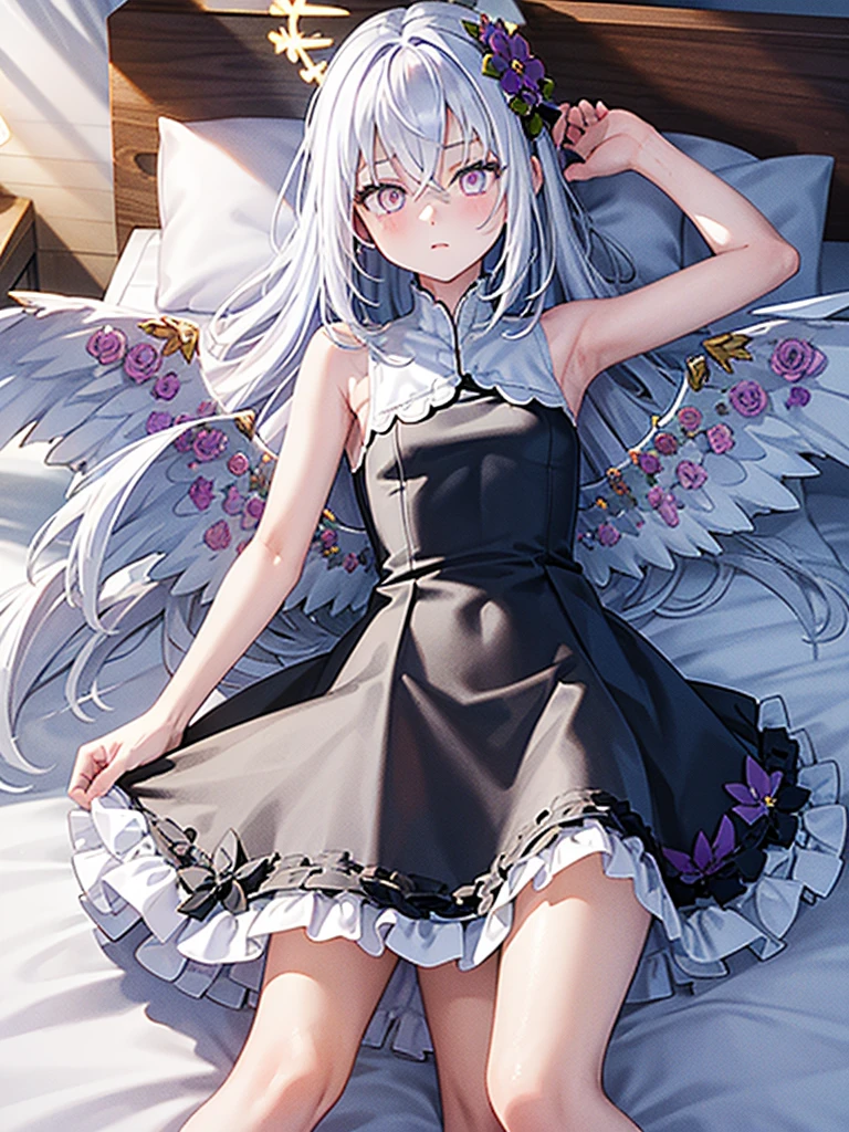 Little slender girl in very short very loose sleeveless white nightgown, naked nightgown, standing, bedroom, lying on the bed, skirt lift, ,azusa-default, azusa \(blue archive\),purple eyes,white hair,long hair,wings,hair flower,halo,dress white,small_breast,