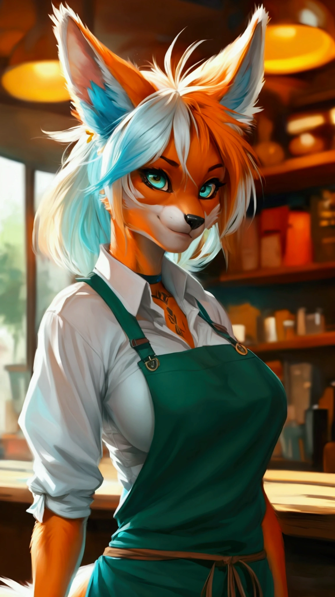 (anthro)) vixen/fox, Ross Tran, by ruan jia, by zaush, by foxovh, by cutesexyrobutts, by cervina_7, by sligarthetiger, Best Quality, masterpiece,, Illustration, Wallpaper,1girl in, Solo, orange fur, white hair, mohawk on one side, ,mohawk haircut, the end tips of hair are aqua blue, dot piercings 3 in 2 row down her snoot, multipule golden ear piercings , golden yellow eyes, glowing eyes, Beautiful detailed girl, extremely detailed eye and face, black dragon tattoo on her arm, tattoos, Beautiful detailed eyes, natural_Lighting, Looking at Viewer, Thick_thighs, big ass, tall, hourglass figure, female, cute, Starbuck, casher, barista, Starbucks apron, large breasts, natural breasts, tail, tall, happy expresion, wide hips thin waist, 8k
