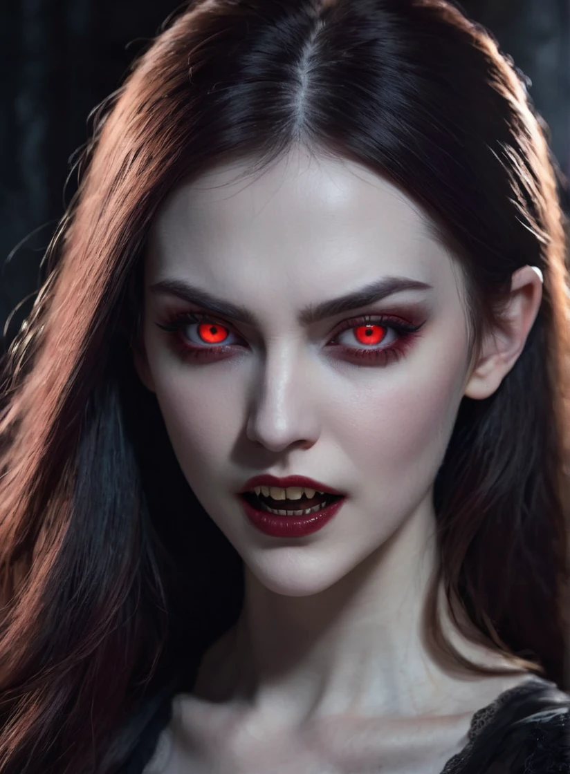 a beautiful vampire with glowing red eyes, pale skin and sharp fangs biting into the neck of a seductive female with long flowing hair, dramatic lighting, dark moody atmosphere, gothic horror, cinematic, ultra-detailed, 8k, hyper-realistic, masterpiece, photorealistic