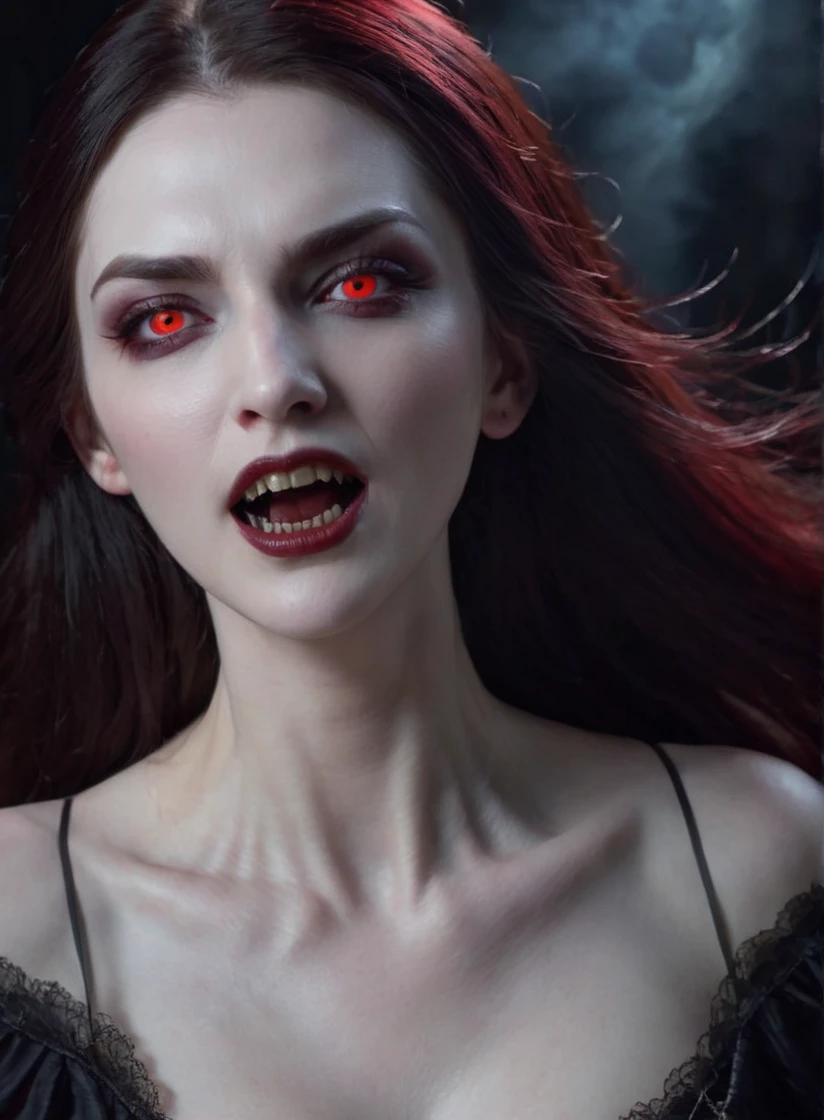 a beautiful vampire with glowing red eyes, pale skin and sharp fangs biting into the neck of a seductive female with long flowing hair, dramatic lighting, dark moody atmosphere, gothic horror, cinematic, ultra-detailed, 8k, hyper-realistic, masterpiece, photorealistic