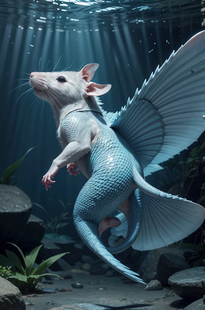 Create a rat with marine features, such as fins on its back, scaly blue skin, and perhaps a paddle-shaped tail.
