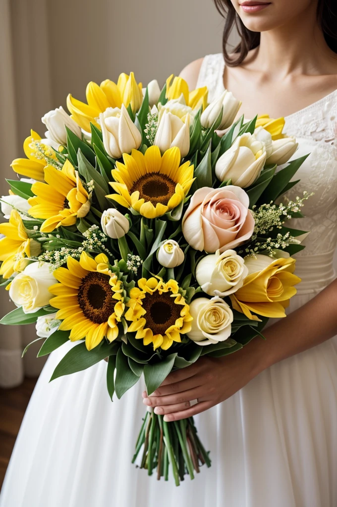 Create an image of a bouquet that combines tulips, sunflowers and roses. All tulips should be light pastel colors, like pink, lila or cream. Sunflowers should have petals in soft, warm tones., like pale yellow or cream. Roses should also be light pastel colors, like pink claro, melocotón or white. The image should convey a feeling of elegance and softness.