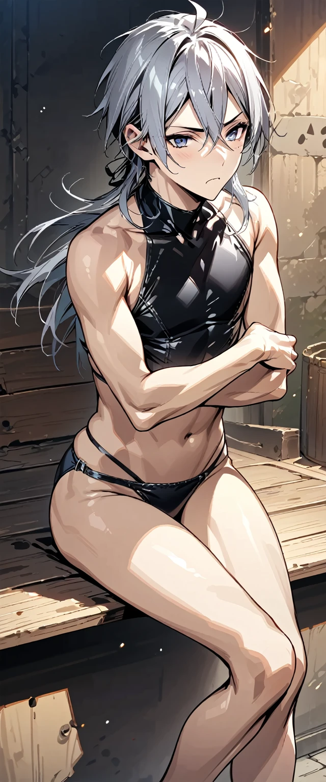 absurdres, highres, ultra detailed, super fine illustration, best quality, 1boy, perfect anatomy, male focus, solo, (dark-skinned:0.8) male, silver hair, long hair, black bikini, bare shoulders, bare arms, bare legs, &lt;lora:_L2090:-0.6&gt; &lt;lora:flat:-0.2&gt;