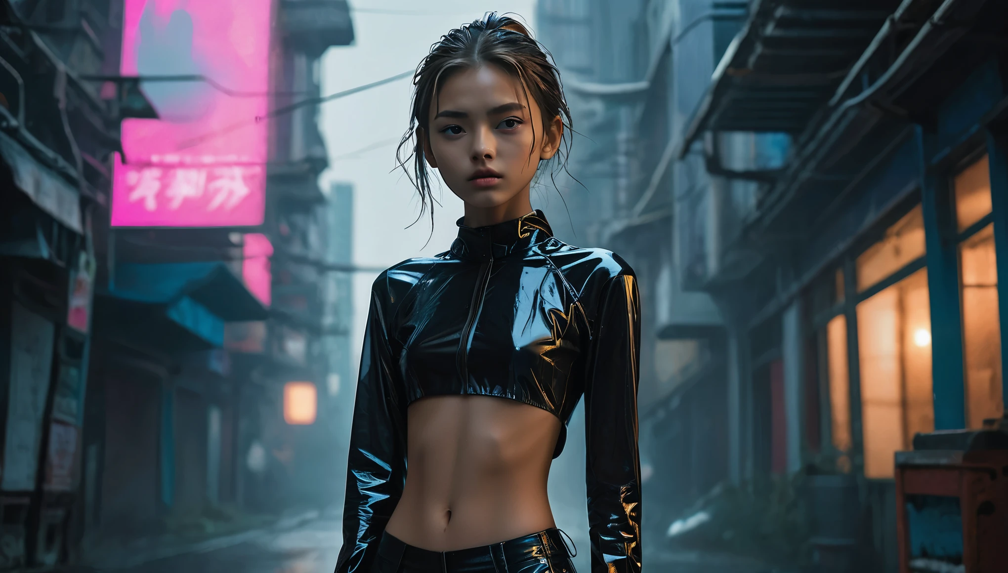 Top Quality, Masterpiece, High Resolution, 8k, (((cute skinny barely legal girl in oversized crinkle top and wetlook leggings, bare belly, wide neckline, deep neckline, small perky breasts, beautiful detailed eyes, beautiful detailed lips, small closed mouth, extremely detailed face, long ponytail hair, small hips))), cyberpunk apartment, moody atmosphere, dramatic and random neon colors, futuristic setting, intricate details, at night, backlit, full body shot, view from distance 