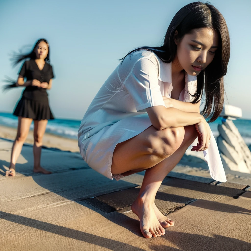 (((Low angle shooting、Looking into the camera:1.22, Leaning forward、Open shirt、No underwear)))、(((8k、highest quality、masterpiece、超A high resolution)))、(Realistic:1.4)、RAW Photos、(Real skin texture:1.3)、(Film Grain:1.3)、((Are standing、Skirt flutters in strong winds、Under the skirt、Do not bend your legs、Don't bend your knees、Spread your thighs、Beachside、))、One Girl、Beautiful and detailed eyes and face、masterpiece、highest quality、close、thin、Japanese Uniform、dynamic、barefoot、Mr.々A pose、windy-upskirt, lab-coat