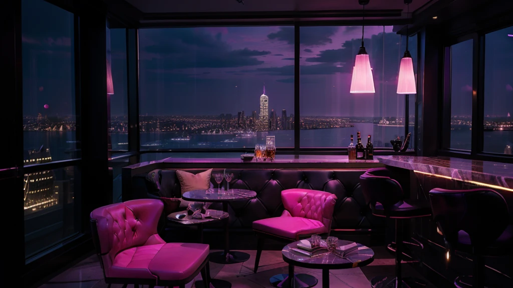 New york style luxury modern cafe bar night city view from a large windows
, marble, neon purple pink light, gorgeous