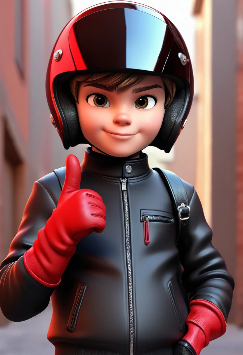 14 year old boy, wearing a motorcycle helmet, wearing a black polo collar and wearing red motorcycle gloves, wearing glasses, animated 3D cartoon style, whole body, ok thumb sign
