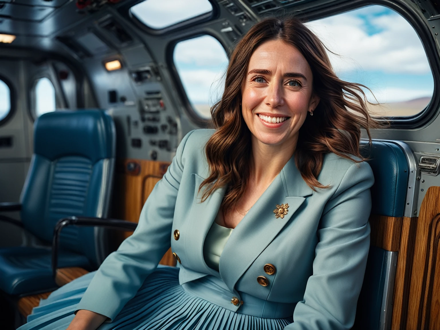 Insatiable Skirt lover and kind, shy woman Jacinda Ardern has Intense Orgasming love for her skirt, sitting and wearing (long pleated full circle skirt), uniform jacket and strapless low pump office shoes, (pronounced (feminine) features), (very windy), skirt is flowing wildly in the wind, inside a spaceship travelling through deep space, very, very intricate hyper-detailed symmetric (attractive graceful young feminine face) with (sad, tired eyes and a loving smile), very voluptuous breasts, full of empathy and compassion and love, (pronounced (feminine) features), (highly detailed ultra accurate realistic) hands and fingers, (windy), epic composition, highly detailed attributes, (35mm f1.4 Kodak portra 400 photograph), extremely high quality RAW photograph, highly detailed atmosphere, sci-fi, cinematic shot, dynamic lighting, 75mm, Technicolor, Panavision, cinemascope, sharp focus, fine details, 8k, HDR, realism, realistic, key visual, film still, superb cinematic color grading, depth of field