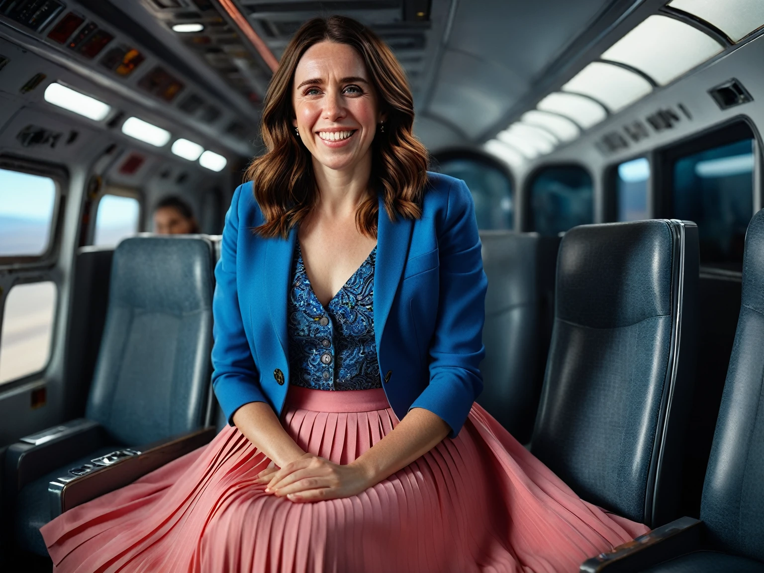 Insatiable Skirt lover and kind, shy woman Jacinda Ardern has Intense Orgasming love for her skirt, sitting and wearing (long pleated full circle skirt), uniform jacket and strapless low pump office shoes, (pronounced (feminine) features), (very windy), skirt is flowing wildly in the wind, inside a spaceship travelling through deep space, very, very intricate hyper-detailed symmetric (attractive graceful young feminine face) with (sad, tired eyes and a loving smile), very voluptuous breasts, full of empathy and compassion and love, (pronounced (feminine) features), (highly detailed ultra accurate realistic) hands and fingers, (windy), epic composition, highly detailed attributes, (35mm f1.4 Kodak portra 400 photograph), extremely high quality RAW photograph, highly detailed atmosphere, sci-fi, cinematic shot, dynamic lighting, 75mm, Technicolor, Panavision, cinemascope, sharp focus, fine details, 8k, HDR, realism, realistic, key visual, film still, superb cinematic color grading, depth of field