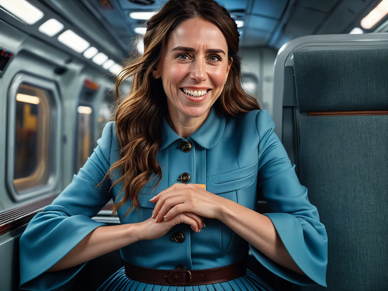 Insatiable Skirt lover and kind, shy woman Jacinda Ardern has Intense Orgasming love for her skirt, sitting and wearing (long pleated full circle skirt), uniform jacket and strapless low pump office shoes, (pronounced (feminine) features), (very windy), skirt is flowing wildly in the wind, inside a spaceship travelling through deep space, very, very intricate hyper-detailed symmetric (attractive graceful young feminine face) with (sad, tired eyes and a loving smile), very voluptuous breasts, full of empathy and compassion and love, (pronounced (feminine) features), (highly detailed ultra accurate realistic) hands and fingers, (windy), epic composition, highly detailed attributes, (35mm f1.4 Kodak portra 400 photograph), extremely high quality RAW photograph, highly detailed atmosphere, sci-fi, cinematic shot, dynamic lighting, 75mm, Technicolor, Panavision, cinemascope, sharp focus, fine details, 8k, HDR, realism, realistic, key visual, film still, superb cinematic color grading, depth of field