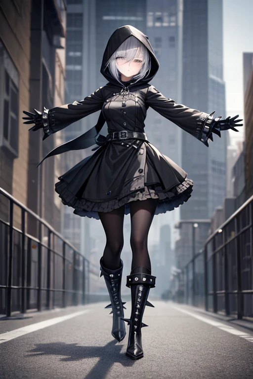 ((best quality)), ((masterpiece)), (detailed), 1 girl, Full body, 18 years old, Depressed face, Silver eyes, Arms outstretched, Arms behind waist, Metal covering her eyes, Blushing, Silver hair, Straight hair, Bangs, Lock of hair covering her eye, Full body, Medium breasts, Slim body, Grey hood, Metal spikes, Grey wristbands, Long black gloves with spikes, Grey goth outfit, Gothic ta, Grey dress with metal spikes, Metal emblem, Somewhat tight, Black belt, Metal legs, Black pantyhose, Black boots, Walking through the city, Metal coming out of the road, City background, Anime