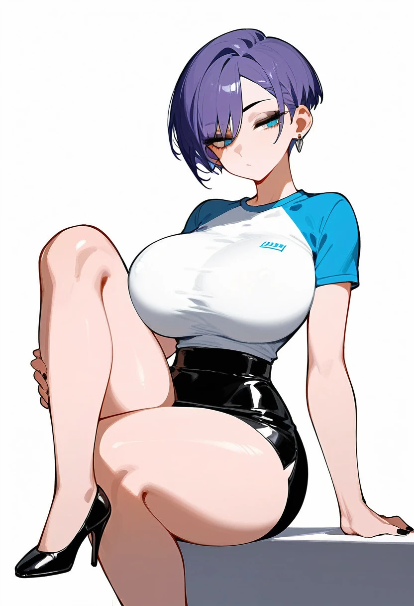 pale woman, short pixie cut purple hair, some hair on the back of her head, big earring, half lidded eyes, looking straight ahead, black eyeshadow, very massive huge breasts, very busty, small waist, wearing a very skin-tight white t-shirt, skin tight short sleeve, expressionless, wide hips, thick thighs, large thighs, black microskirt, short legs, wearing small slip on black flats on her feet