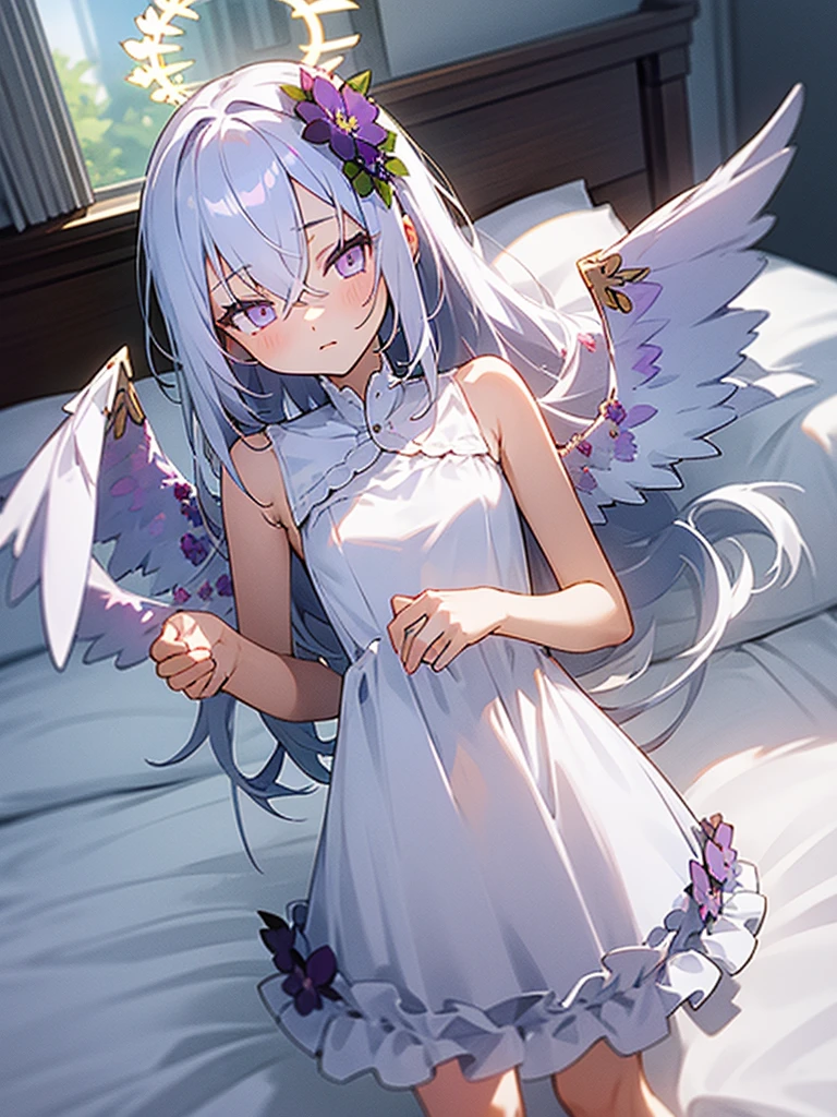 Little slender girl in very short very loose sleeveless white nightgown, naked nightgown, standing, bedroom, lying on the bed, skirt lift, ,azusa-default, azusa \(blue archive\),purple eyes,white hair,long hair,wings,hair flower,halo,dress white,small_breast, 