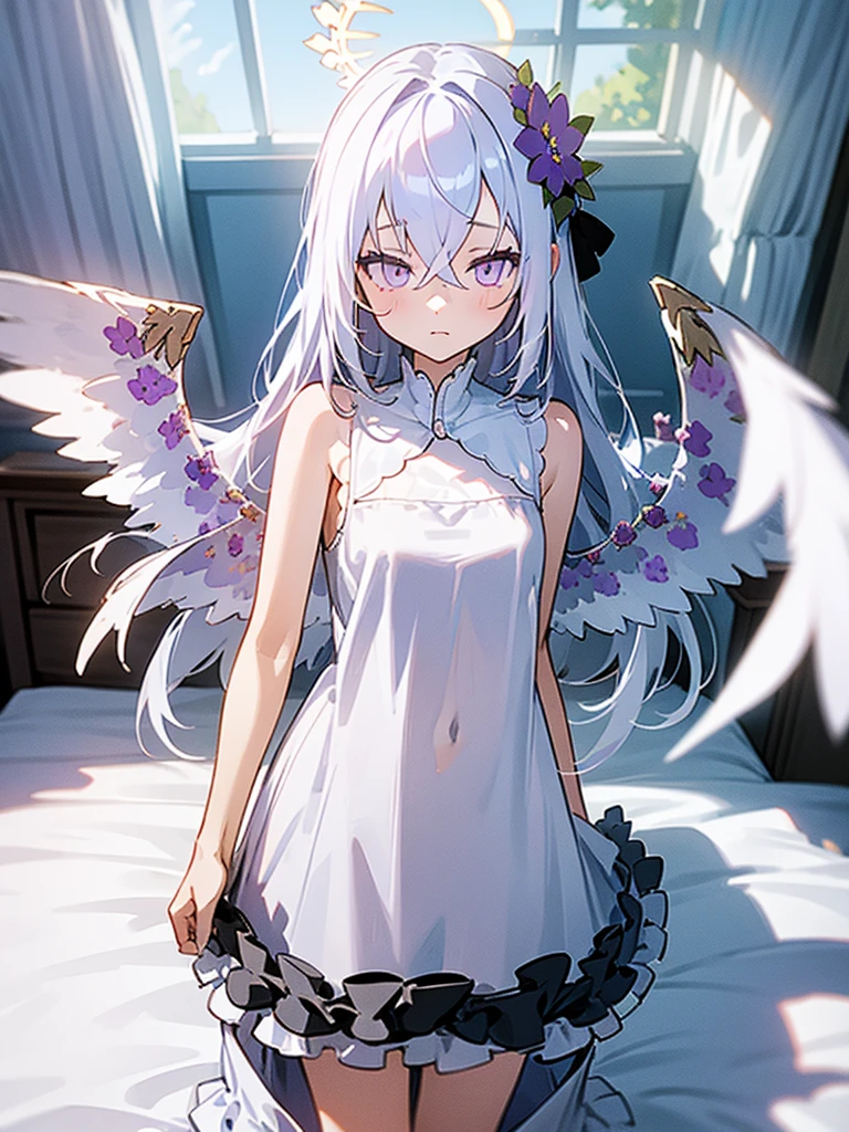  slender girl in very short very loose sleeveless white nightgown, naked nightgown, standing, bedroom, lying on the bed, skirt lift, ,azusa-default, azusa \(blue archive\),purple eyes,white hair,long hair,wings,hair flower,halo,dress white,small_breast, 