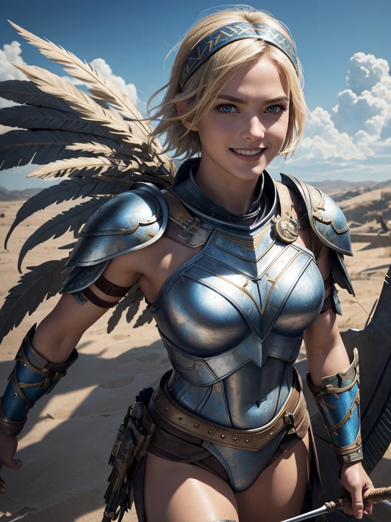 belligerent girl, Valkyrie, bold and beautiful, short blond hair, Blue eyes, smile, Predator's Gaze, Developing hair, A look over the shoulder, headband with metal wings, Sparkling steel, Bow and arrows, Weapon, heat of battle, battle, clouds, realistic photo, high quality, masterpiece, detailed study.
