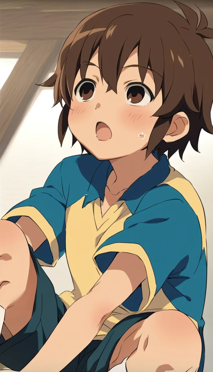 sauce_anime, One boy, Handa Shinichi, Brown Hair, Brown eyes, Pause,Raimon Soccer Uniform, Sitting, Open your mouth, Best image quality、girl with rice balls in both hands、Plump Cheeks、(口の周りのrice粒)、Beige Parka、ショートカットのBrown Hair、Open your mouth wide、happiness、Eat rice balls、Triangle、rice、anime, One boy, Handa Shinichi, Brown Hair, Brown eyes, stop temporarily,Composition looking up from below、please sit down