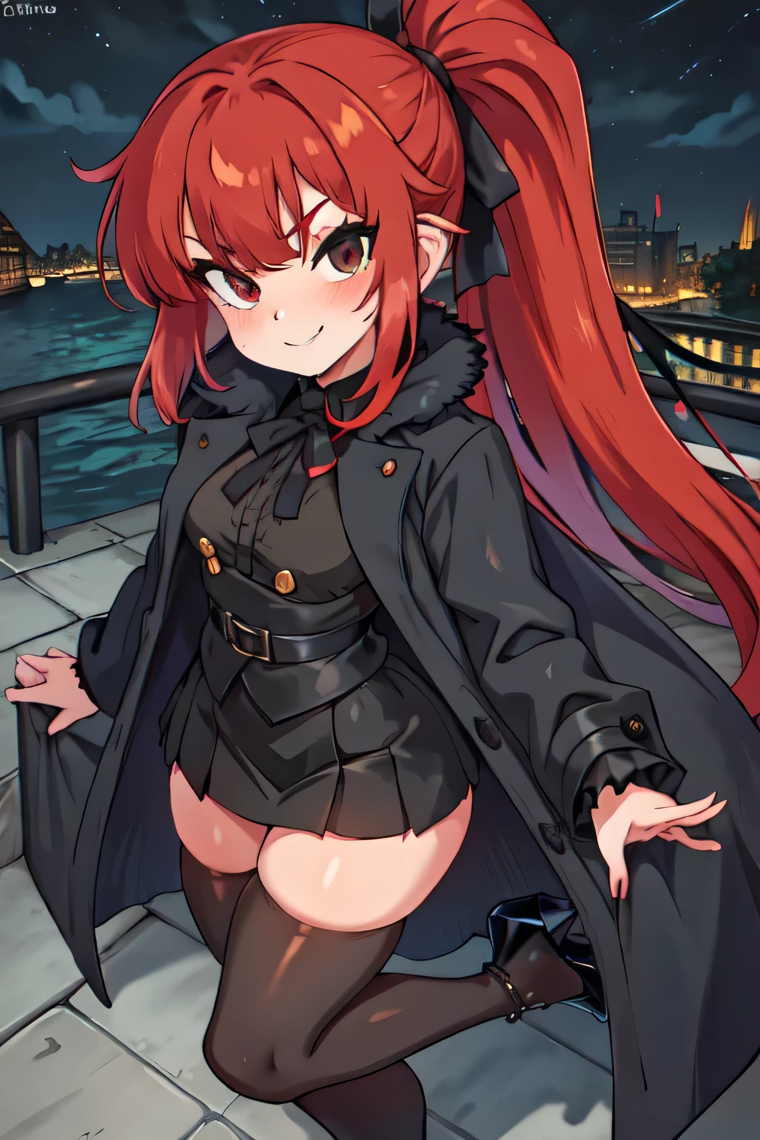 DSVIOLET, 1girl, detailed face, solo, black eyes, Red hair, high pony tail, tall, black ribbon, bangs, raised eyebrows, mischievous smile, black coat, red blouse, black skirt, long sleeves, hair ribbon, black thigh highs, black high heels, standing from the side, at night, London bridge.