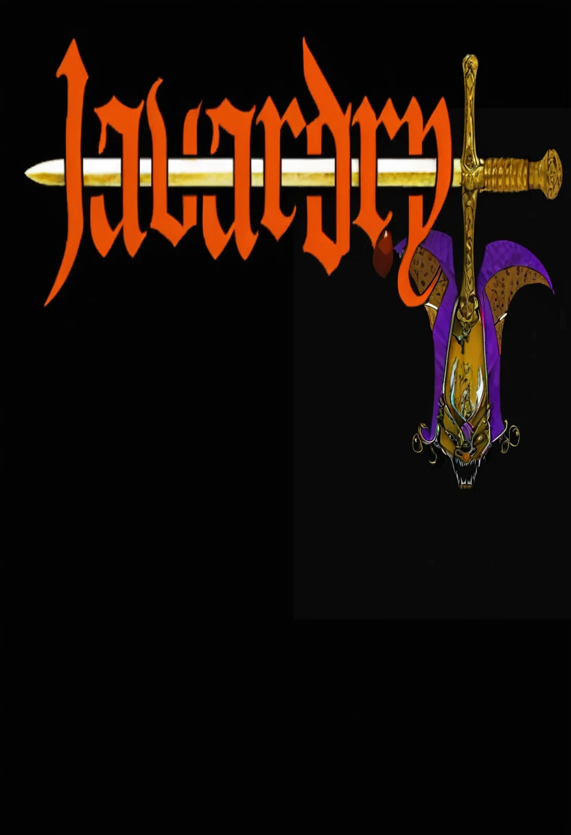 a close up of a sword with a dragon on it, sword & magic, sword and magic, Legend, magic, An antique purple jester's hat with a dark red jewel.(It has designs and decorations of the moon and sun.)