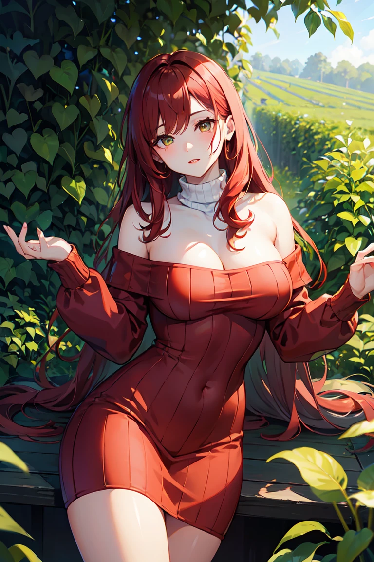 1 female、ruby red hair、long hair、curly hair、{{{red and gold eyes}}}、thick lips、White turtleneck knit dress、off shoulder、slim、valley、big breasts、Fresh greenery、Green leaves、Tea plantation、sunlight、masterpiece、ultra high resolution、perfect lighting、16k