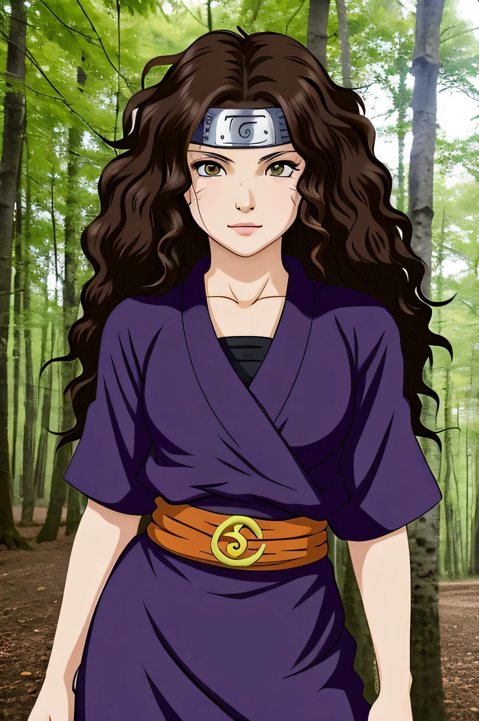 Create a ninja from the leaf village,Let her be a brunette with curly hair and a nice body, make the image in the style of Naruto, let her have long curly hair, let her be a little brunette as well.,but let her have purple eyes now make her , make her full body and have purple eyes 