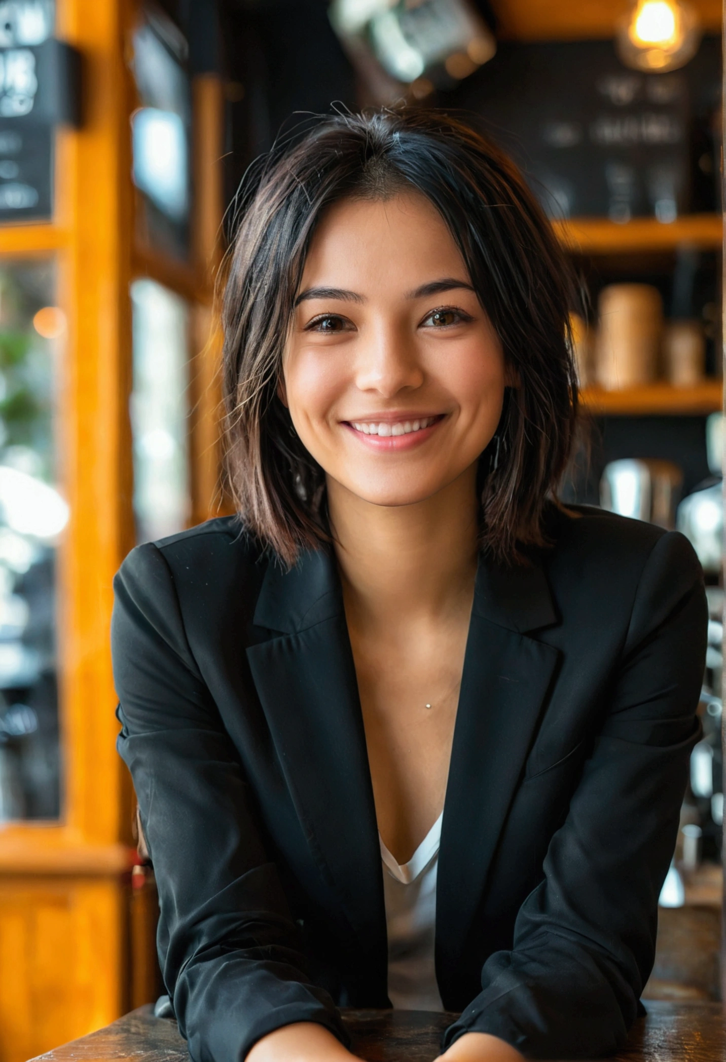 create a profile photo of a young woman smiling with brown eyes in a black suit with black bob hair, in a coffee shop landscape