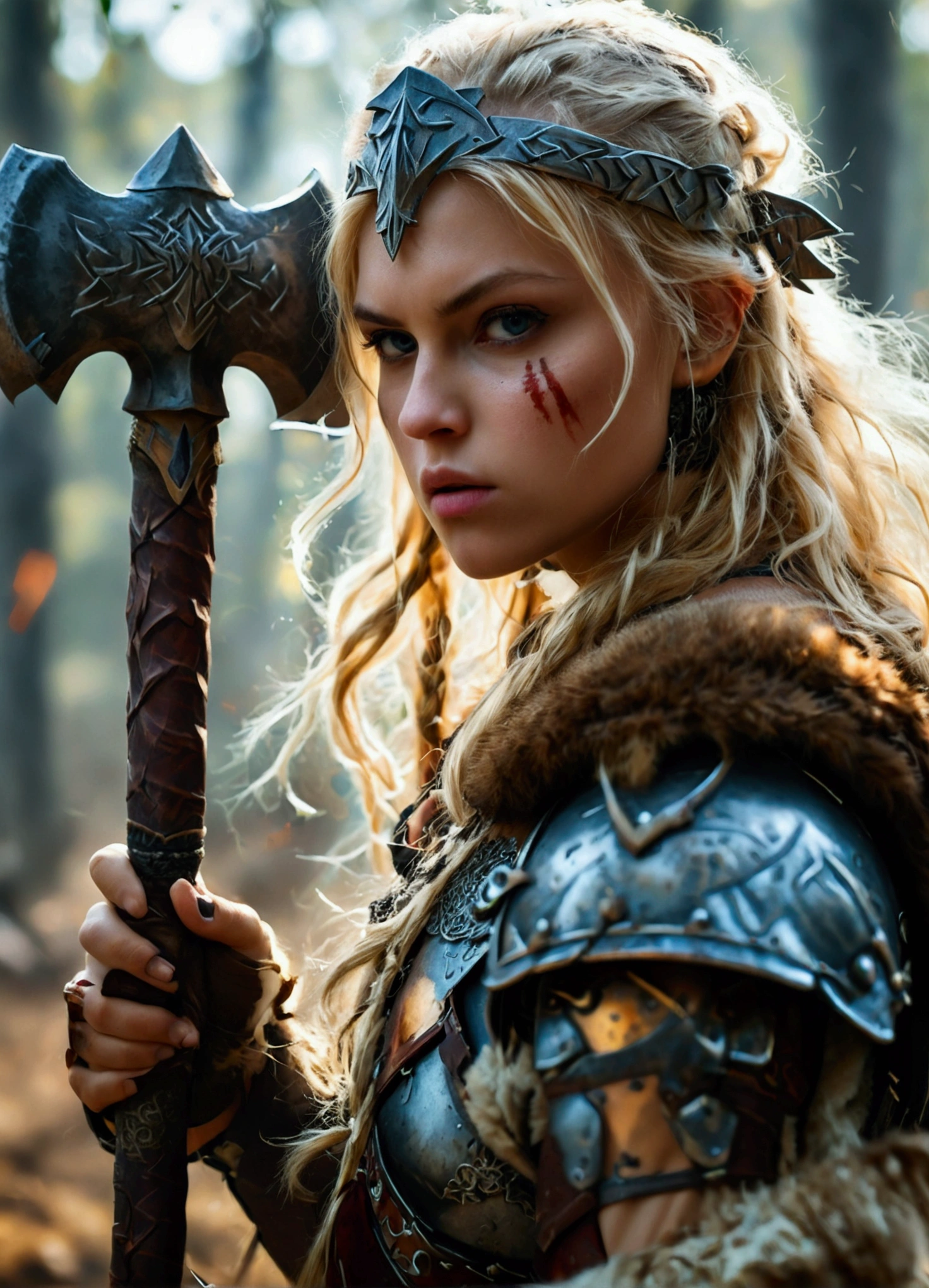 beautiful slavic warrior girl with battle hammer in one hand and shield in the other hand, blonde hair, war rage