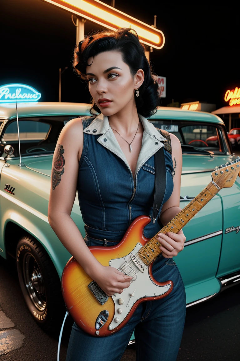 a hyper-realistic photograph of a beautiful rockabilly African american pin-up model with an electric guitar leaning against a hot rod car in the parking lot of a 50s-style diner, with an interesting camera angle and perspective, volumetric lighting, Depth of field, professional photo session, cinematic lighting. details Intricate, lifelike textures, dynamic pose